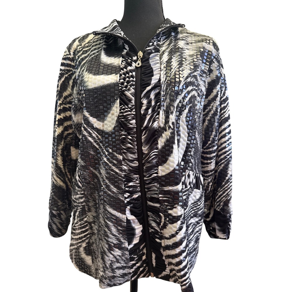 Toni Morgan Womens Abstract Animal Print Metallic Studded Zip Up Jacket Large
